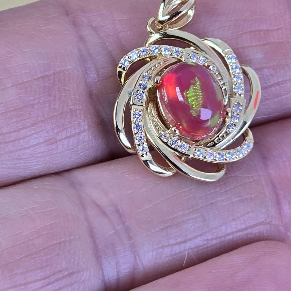 925 Sterling Silver 14K Yellow Gold Plated Pendant with Natural Red Opal & Cz - Picture 7 of 8